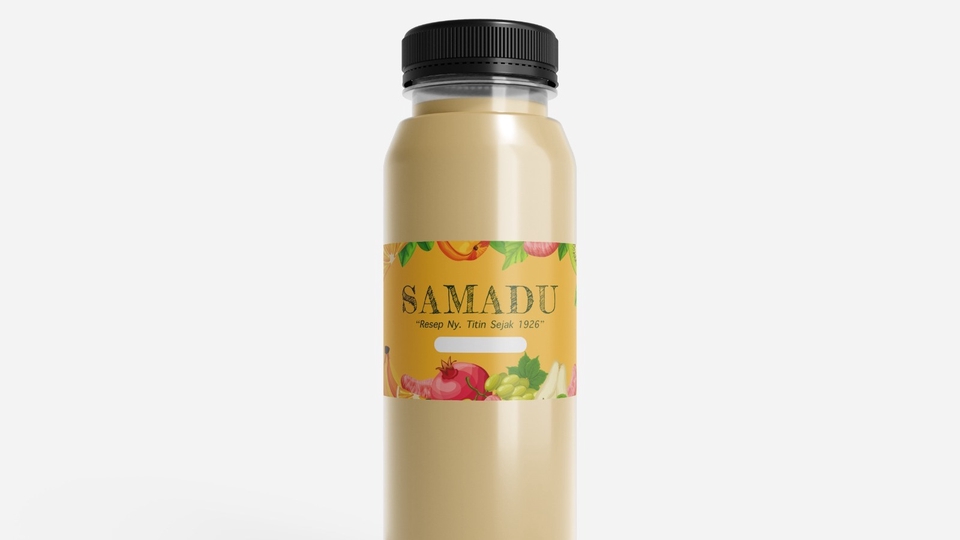 Jasa desain kemasan botol minuman dengan label makanan sehat dan unik, Samadu.