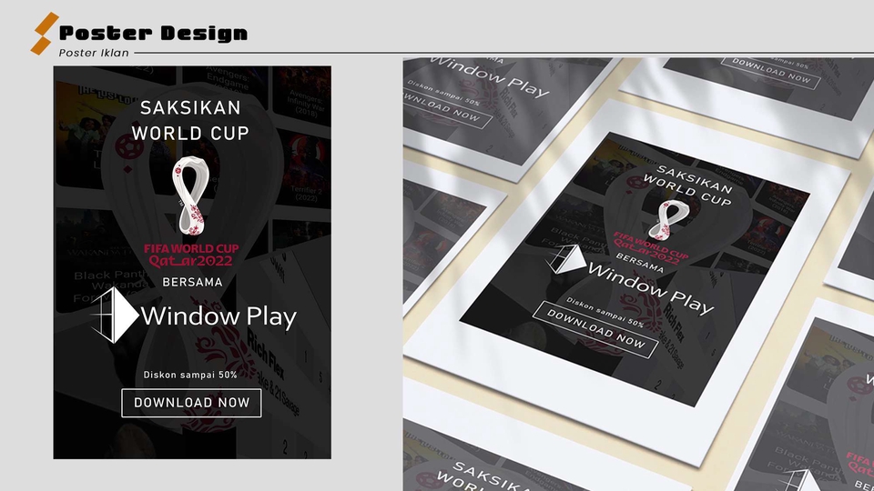 Desain poster online dengan tema Piala Dunia dan desain spanduk untuk promosi jasa desain