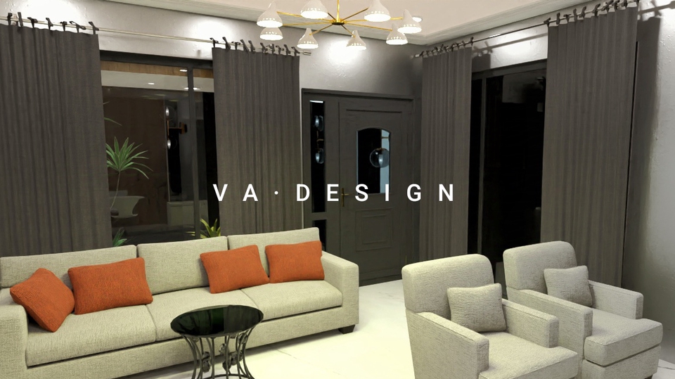 Desain interior ruang tamu minimalis dengan sofa dan kursi kayu yang nyaman, dilengkapi dengan rak tv modern