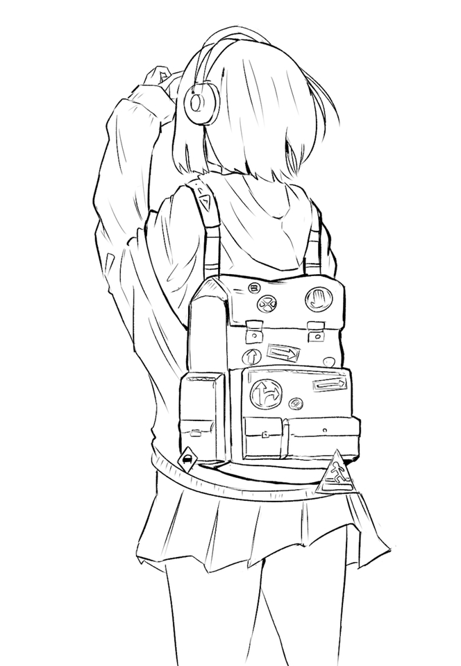 รับวาดภาพประกอบ การ์ตูนหญิงสาว ใส่ชุดนักเรียน ถือกระเป๋าเป้ สะพายหูฟัง