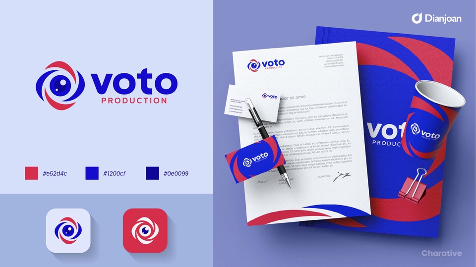 Desain logo Voto Production dengan warna biru dan merah, cocok untuk perusahaan produksi.
