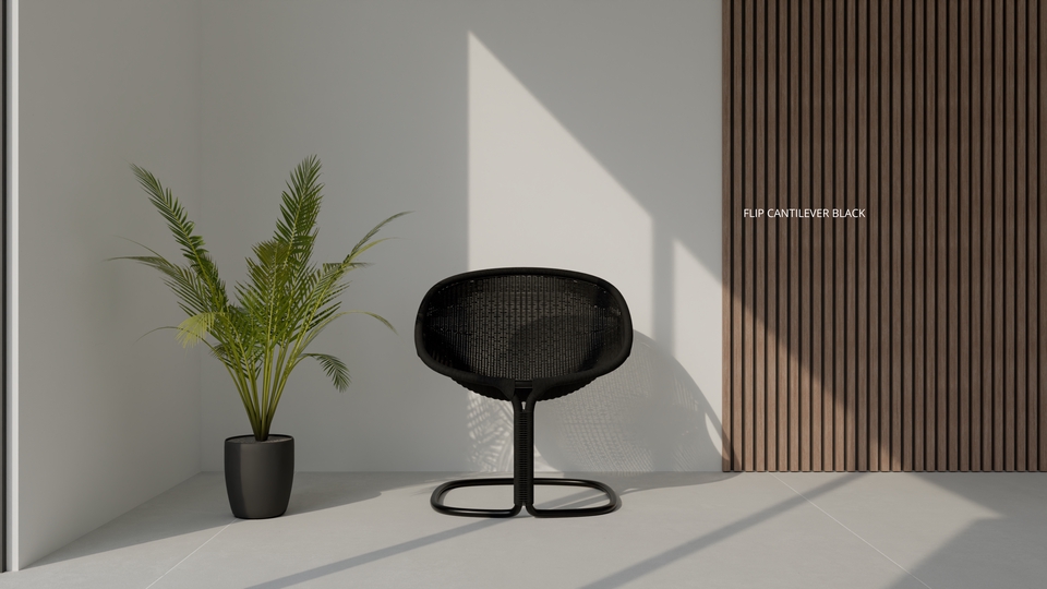 Jasa desain interior 3d ruang cafe minimalis dengan kursi cantilever hitam dan tanaman hijau.