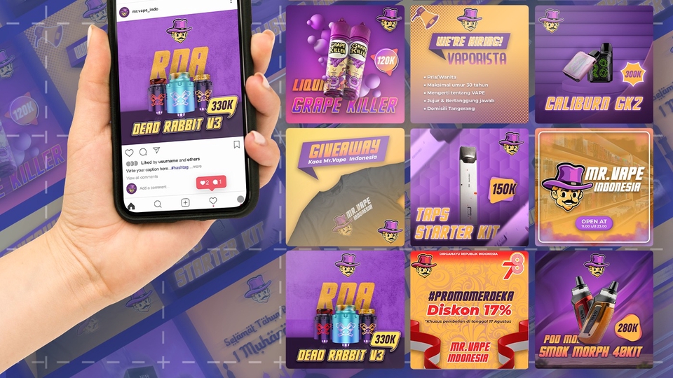 Desain banner Instagram promosi vape Mr Vape Indonesia. Jasa desain banner online, banner iklan vape, desain feed Instagram keren. Buat banner promosi produk vape menarik.