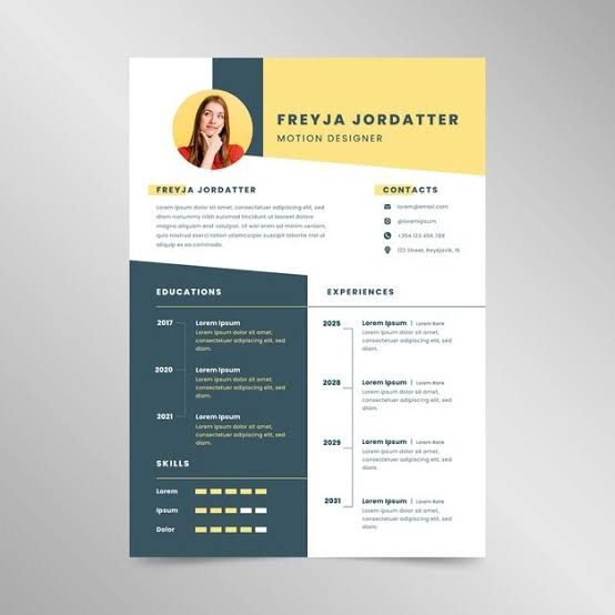 Desain CV profesional dengan warna biru dan kuning untuk portofolio freelancer.