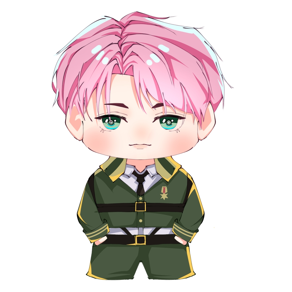 Ilustrasi kartun lucu pria berambut pink mengenakan seragam militer