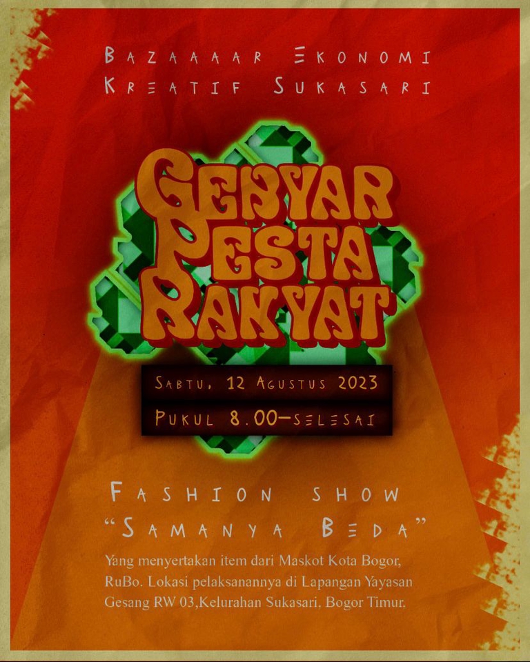 Jasa desain ilustrasi, gambar ilustrasi, bazar, ekonomi, kreatif, sukasari, genyar, pesta, rakyat, fashion, show, samanya beda, Bogor, Rubo, lapangan, yayasan, gesang, RW, 03, kelurahan, sukasari, Bogor, timur.