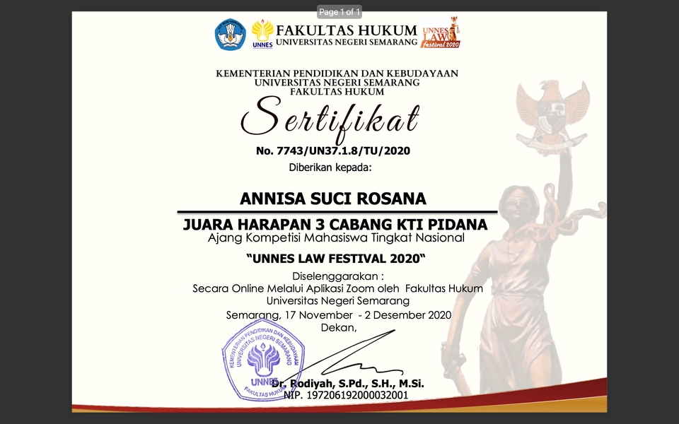 Sertifikat Juara Harapan 3 Cabang KTI Pidana Ajang Kompetisi Mahasiswa Tingkat Nasional "Unnes Law Festival 2020" Anissa Suci Rosana jasa hukum mahasiswa hukum jasa advokat mahasiswa jasa pengacara mahasiswa