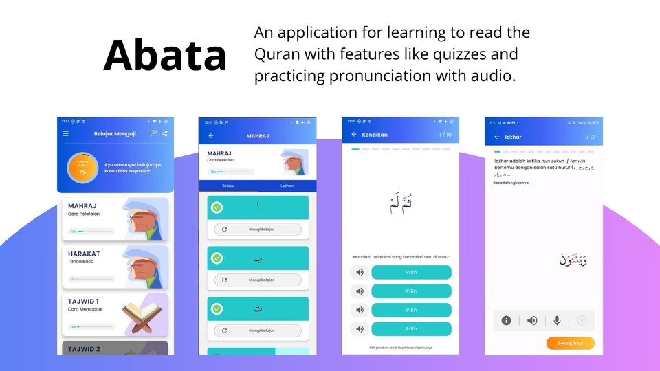Jasa pembuatan aplikasi android untuk belajar membaca Al Quran dengan fitur kuis dan latihan pengucapan suara.