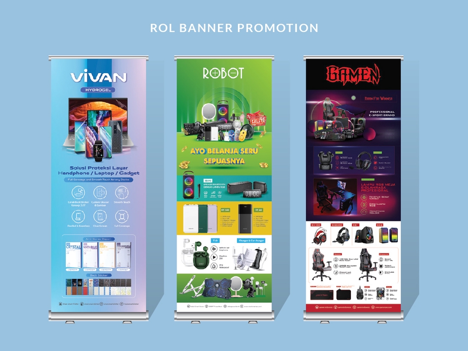 Contoh desain banner roll up untuk promosi produk elektronik, handphone, dan gaming gear.  jasa desain banner roll up online, desain banner promo,  buat banner toko, jasa desain banner toko, desain spanduk toko, desain banner online.