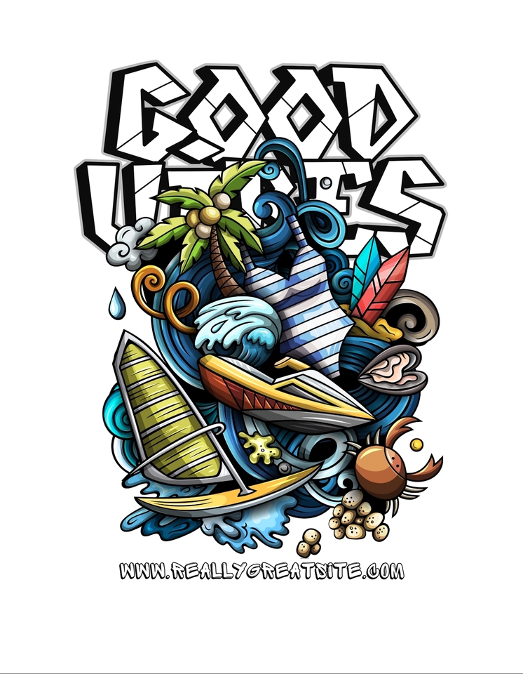 Desain kaos dengan tema musim panas, pantai dan liburan dengan kata "Good Vibes" yang cocok untuk kaos distro, kaos custom, kaos anak, dan berbagai desain baju lainnya.