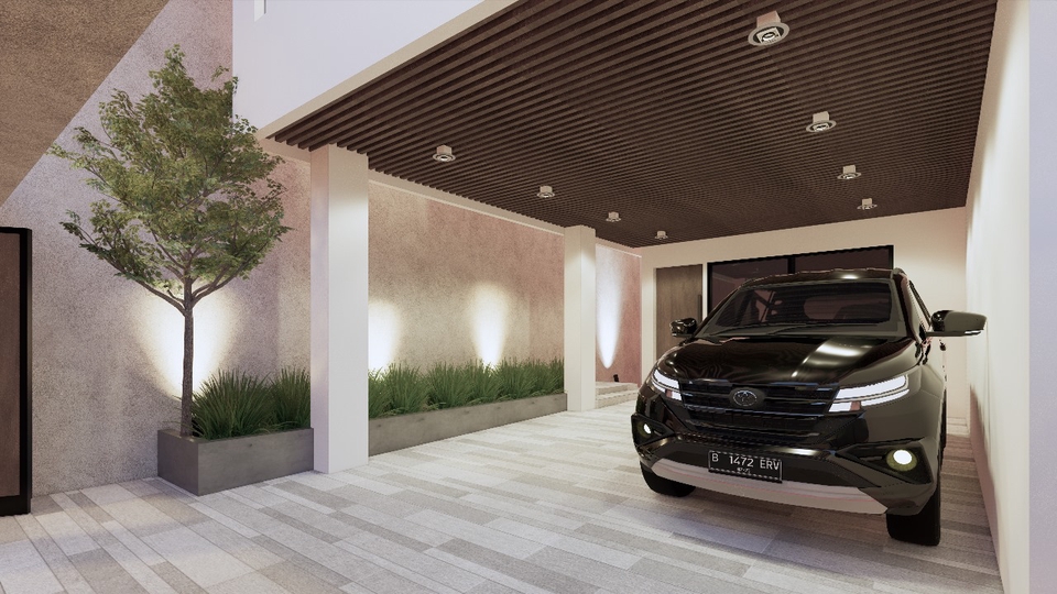 Jasa desain 3d eksterior rumah minimalis dengan mobil di garasi.