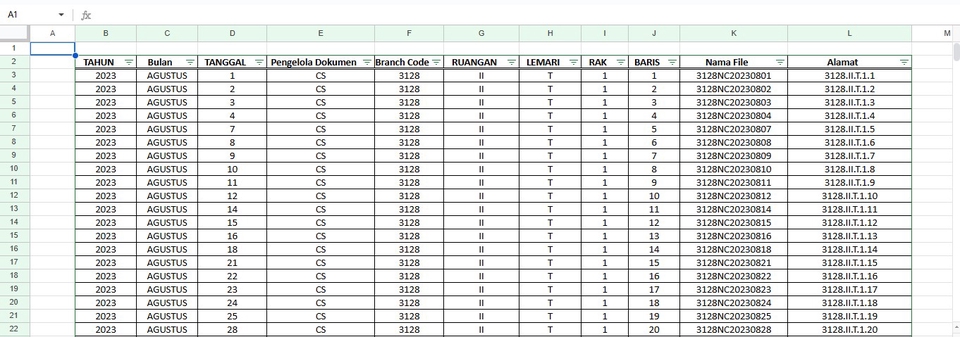 Jasa input data excel untuk freelancer - contoh data entry excel dengan kolom tanggal, bulan, nomor, dan alamat.