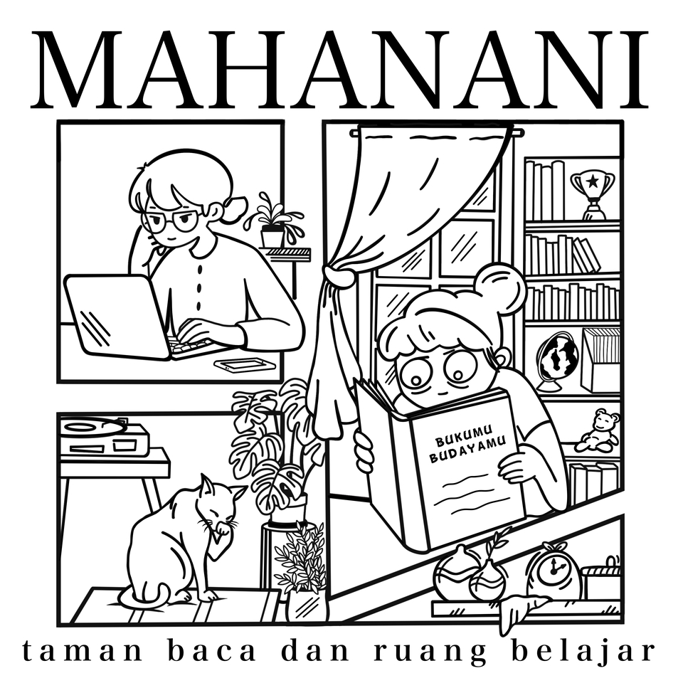Desain kaos anak dengan gambar anak sedang membaca buku di taman baca