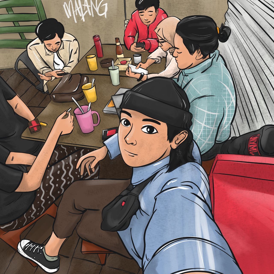 Ilustrasi kartun lucu tentang sekelompok teman yang sedang berkumpul dan makan bersama.