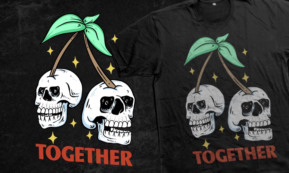 Desain kaos dengan gambar tengkorak dan buah ceri, cocok untuk desain kaos distro atau kaos custom.