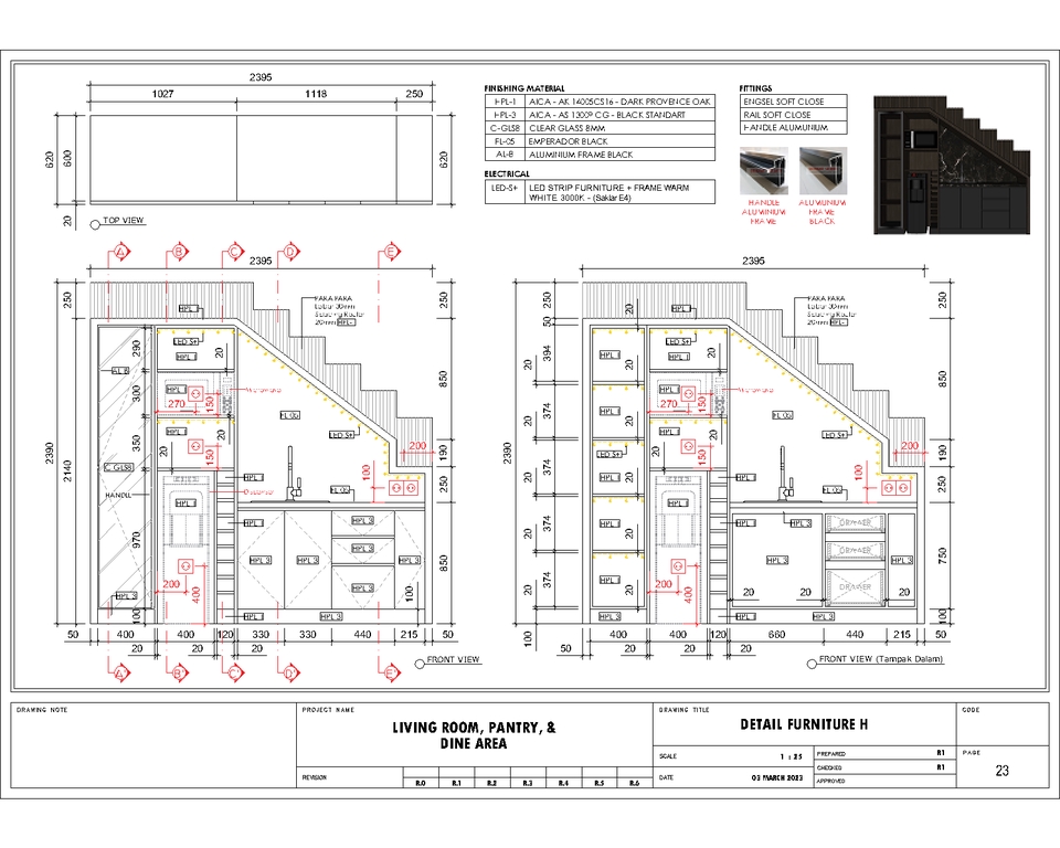 Jasa drafter interior murah pembuatan desain denah ruang tamu, pantry dan ruang makan.