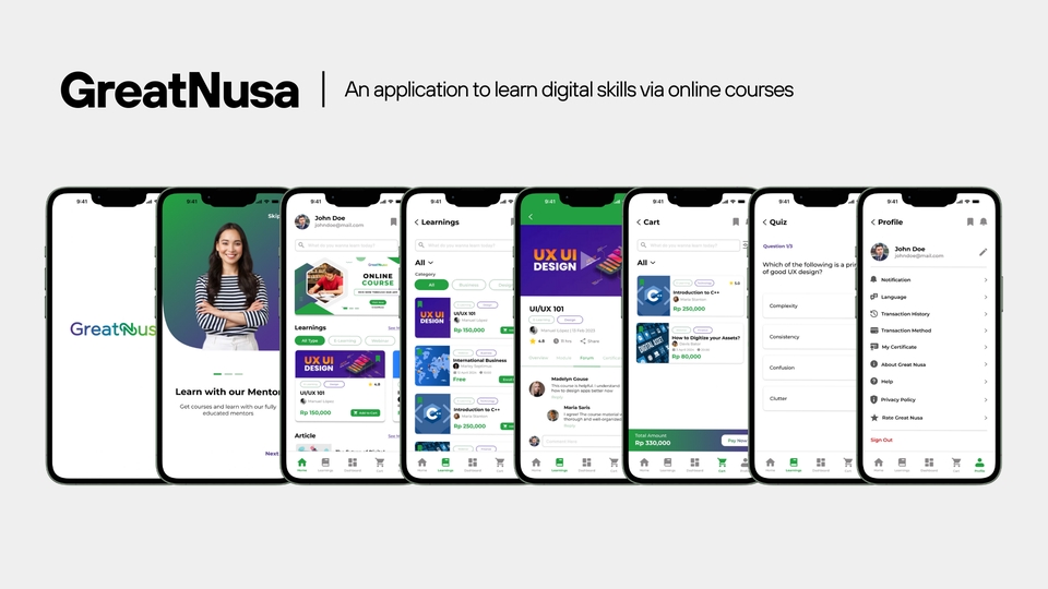 Aplikasi GreatNusa untuk belajar desain UI UX secara online melalui kursus  -  Mobile app desain, UI UX web desain, desain aplikasi.