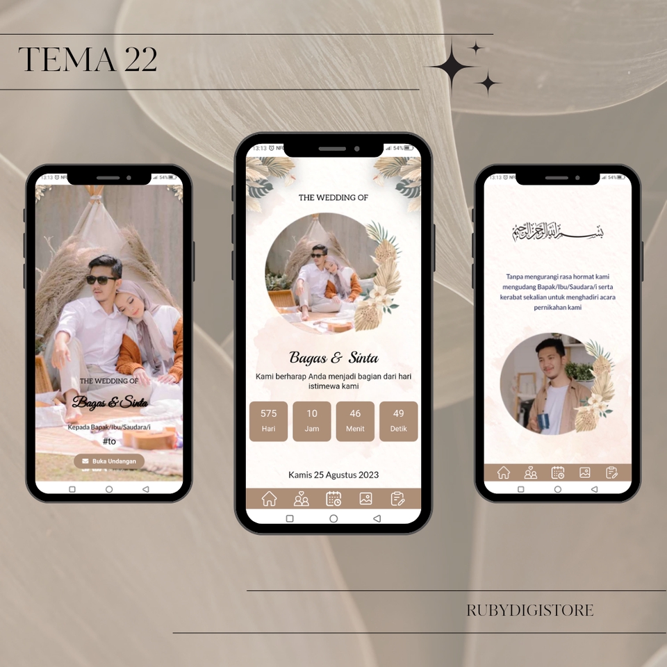 Jasa desain kartu ucapan selamat ulang tahun dengan desain unik dan modern, menampilkan foto pasangan dengan tema pernikahan.