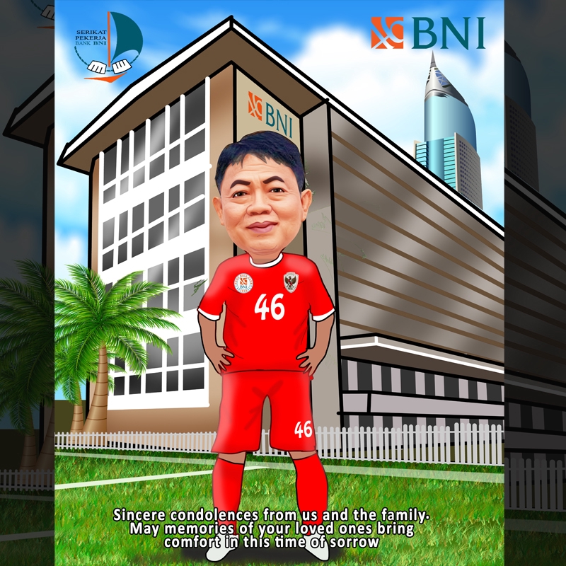Ilustrasi kartun seorang pria berbaju merah dengan tulisan BNI di belakangnya.