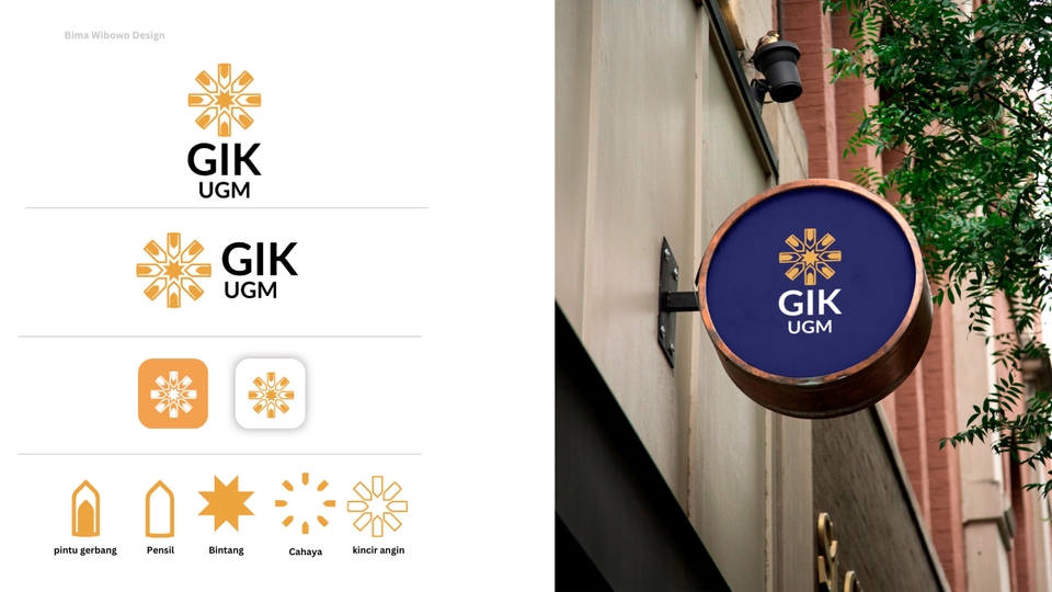 Desain logo modern dengan warna kuning dan biru, logo untuk perusahaan GIK UGM, cocok untuk kebutuhan branding dan promosi.