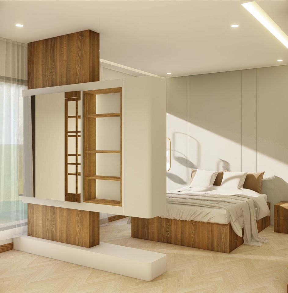ออกแบบตกแต่งภายในบ้านสไตล์โมเดิร์น ห้องนอนสวยหรู พร้อมตู้เก็บของ Built-in รับออกแบบตกแต่งภายใน