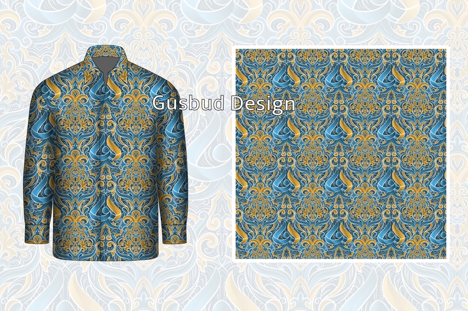 Desain kaos dengan motif batik modern untuk pria dengan warna biru dan kuning gold.