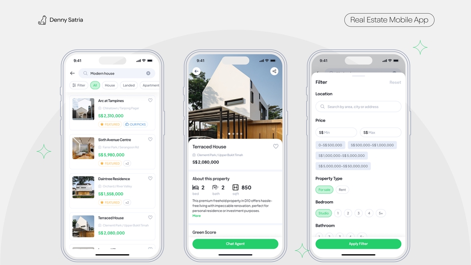 Desain UI UX aplikasi mobile real estate untuk platform freelance, menampilkan contoh tampilan antarmuka aplikasi
