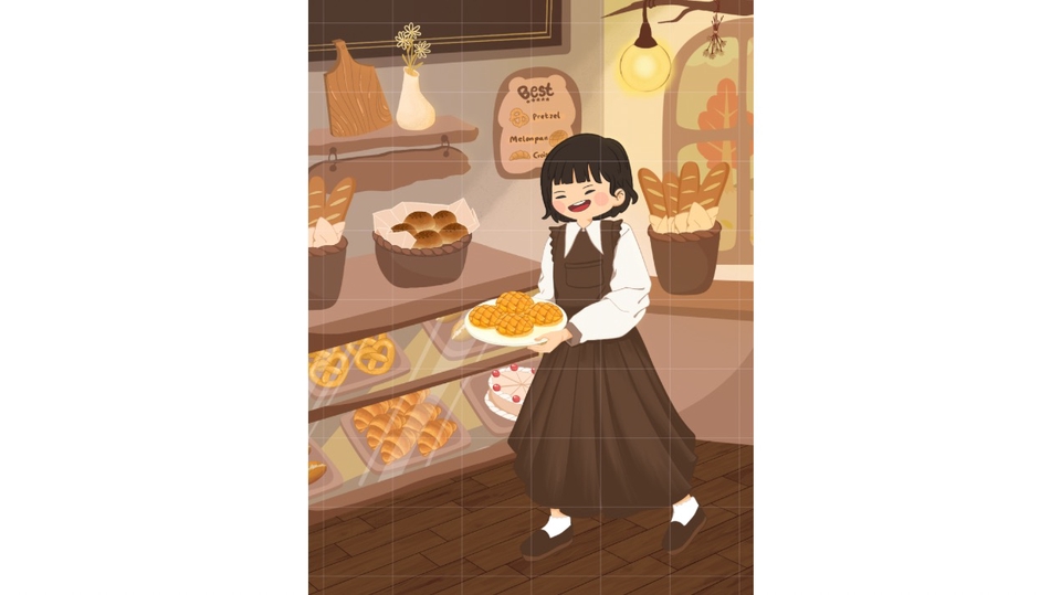 Ilustrasi seorang wanita muda dengan pakaian cokelat di depan etalase toko roti dengan aneka jenis roti