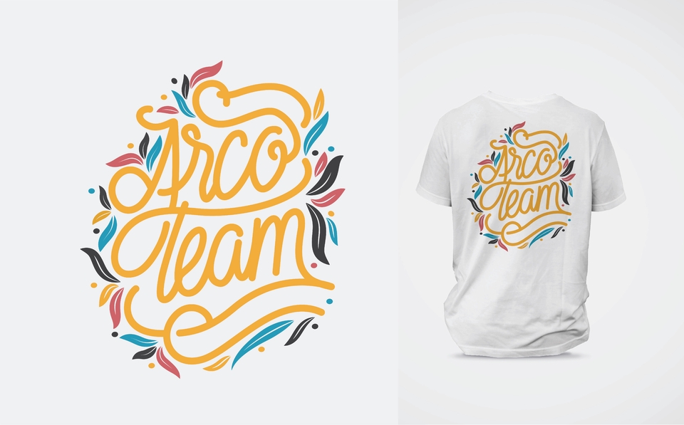 Ilustrasi logo dengan teks "Arco Team" dengan warna kuning dan ornamen daun berwarna-warni, desain logo, jasa pembuatan logo, desain logo team, desain logo perusahaan