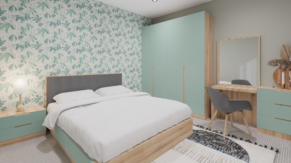 Desain interior kamar tidur minimalis dengan nuansa hijau dan putih, cocok untuk jasa desain interior rumah di Indonesia.