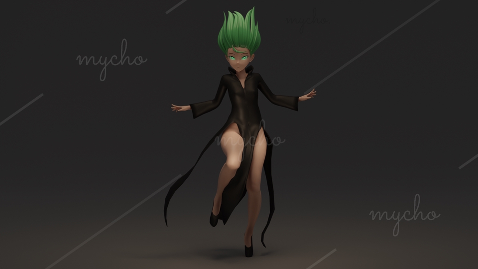 Jasa pembuatan animasi 3d karakter wanita dengan rambut hijau