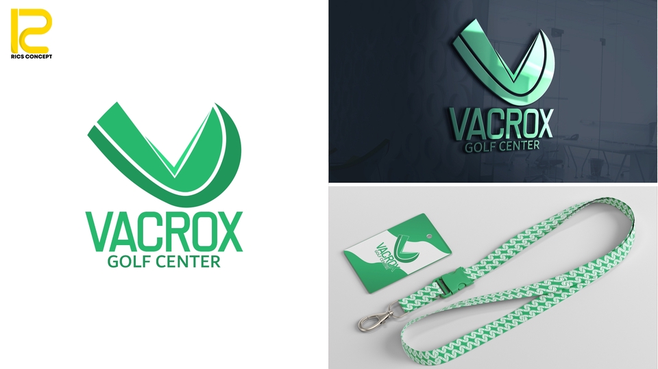 Desain logo Vacrox Golf Center dengan warna hijau dan putih