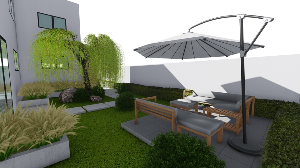 ออกแบบสวน, รับจัดสวนหน้าบ้าน, สวนสวย, พรรณไม้, ร่มไม้, เก้าอี้, โต๊ะ