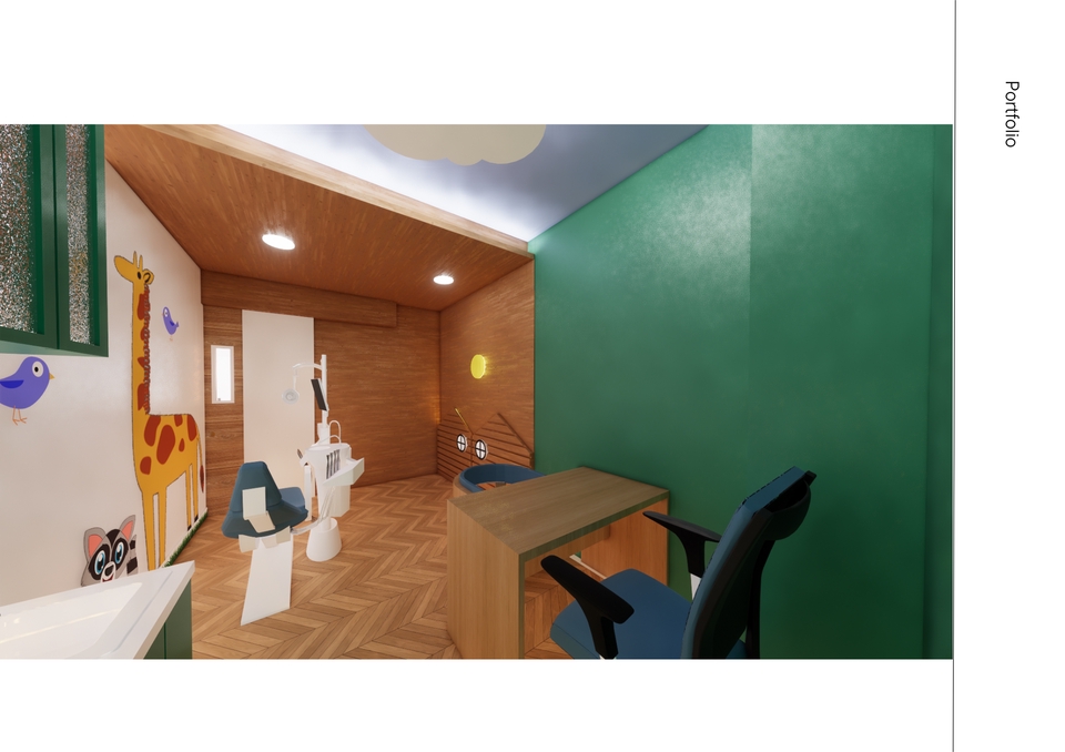 Desain interior ruang tunggu dokter gigi minimalis dengan furniture kayu dan desain lemari minimalis.