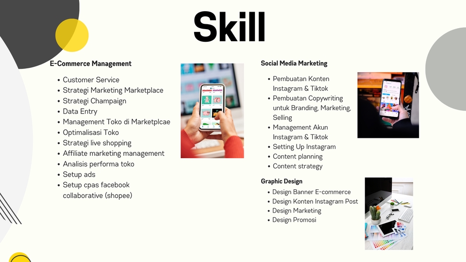 Jasa digital marketing: E-commerce management, social media marketing dan graphic design.