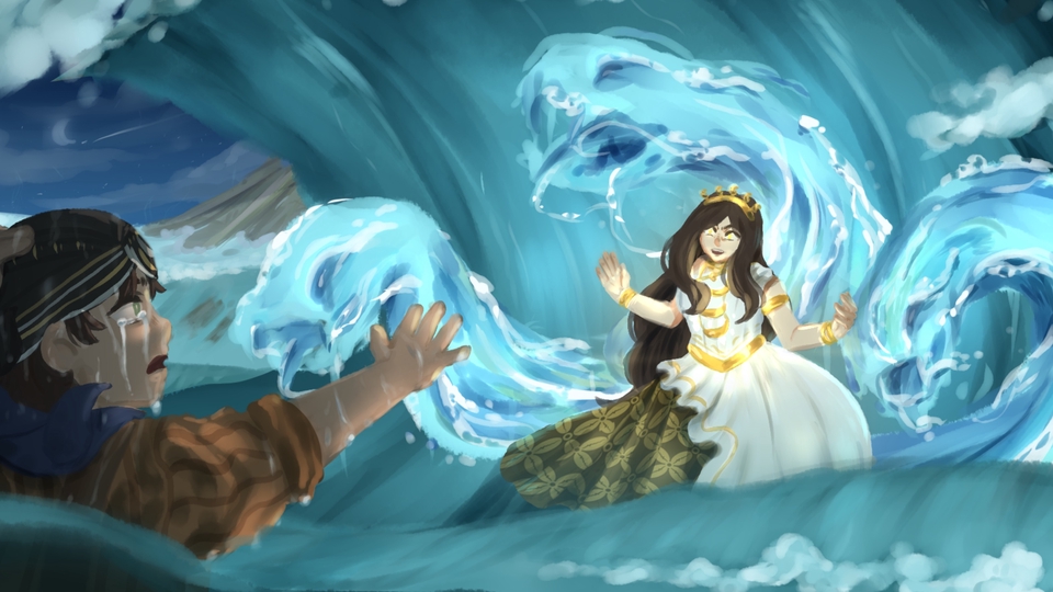 Ilustrasi digital seorang wanita dengan gaun putih sedang mengendalikan gelombang air laut, dengan seorang pria di sampingnya.