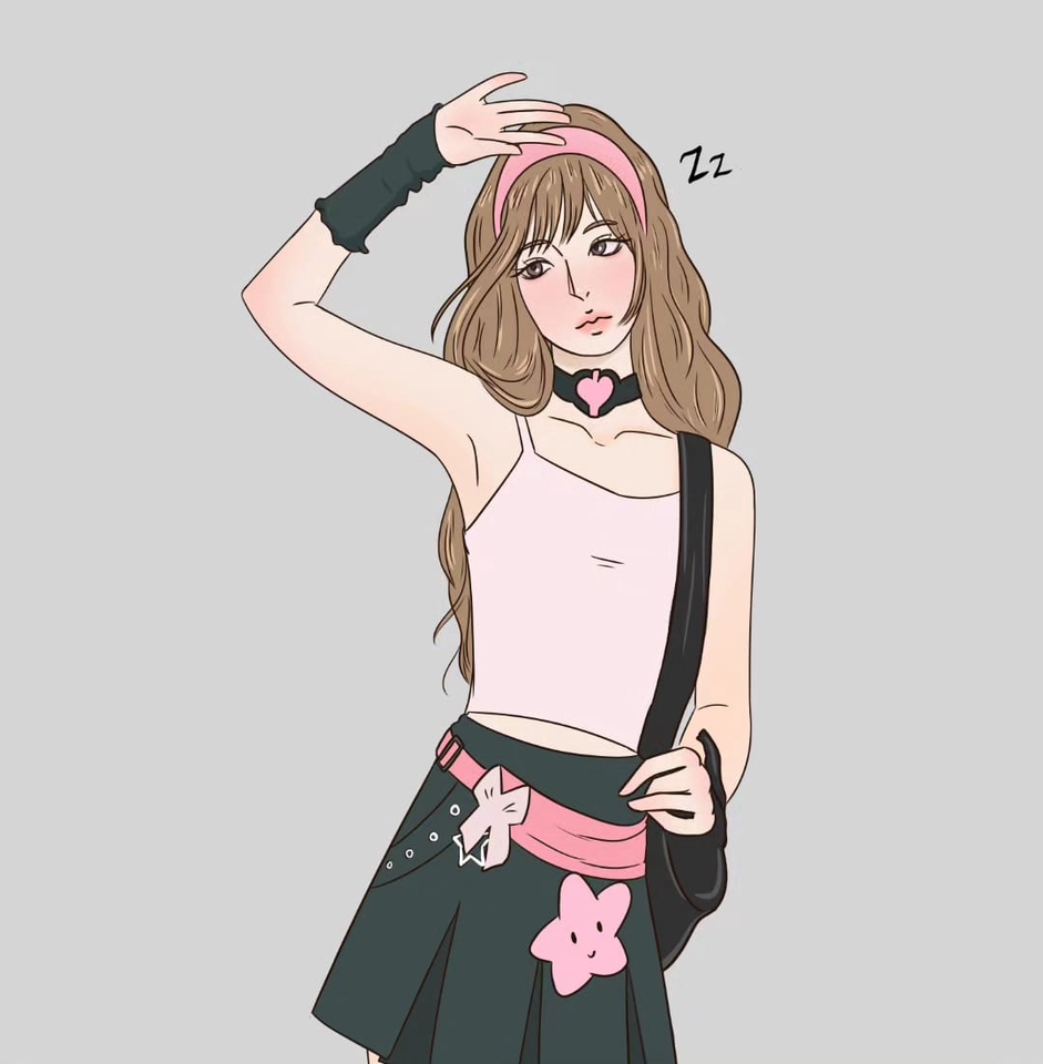 Jasa desain karakter kartun wanita dengan rambut coklat, memakai pakaian casual berwarna pink dan hitam, gaya chibi imut untuk keperluan ilustrasi game.