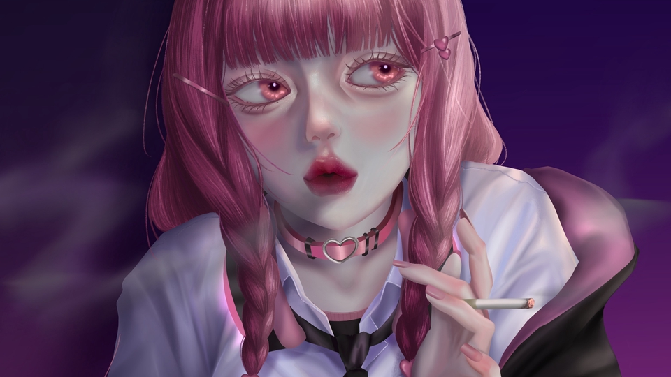 รับวาดรูปอนิเมะหญิงผมชมพู สไตล์มินิมอล วาดการ์ตูนน่ารัก