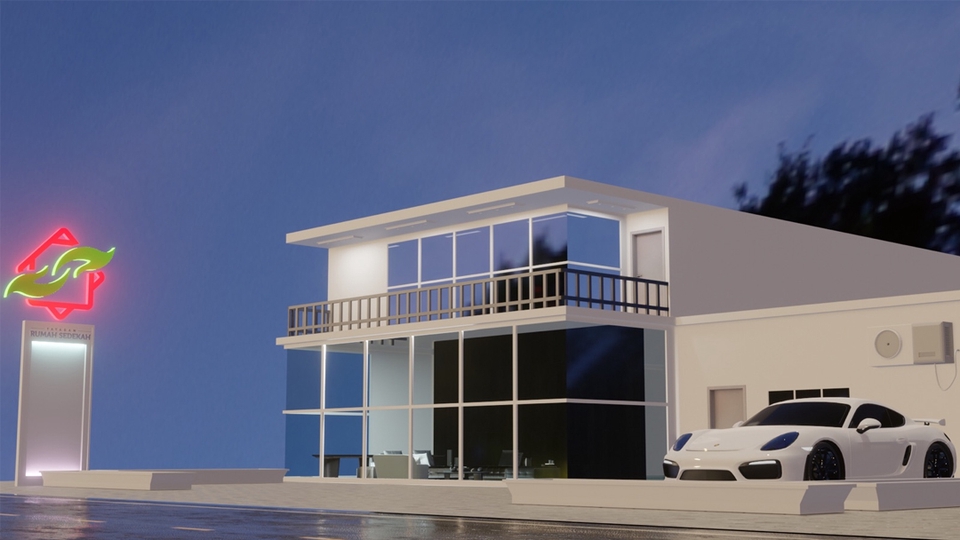 Jasa desain 3d eksterior rumah minimalis modern dengan interior cafe dan mobil