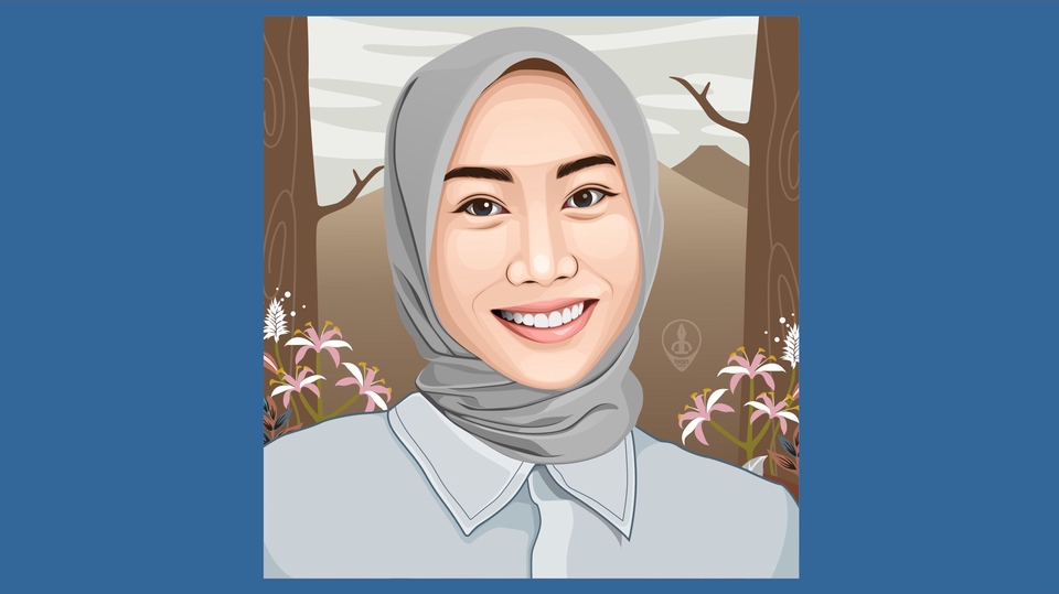 Desain karakter kartun wanita berhijab dengan background alam, jasa desain karakter, harga desain maskot, karakter anime, gambar karakter vtuber.