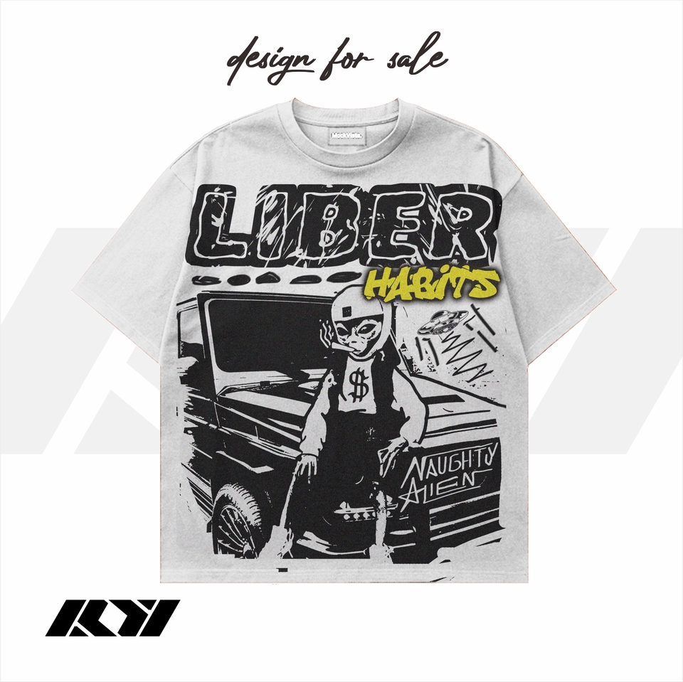Desain kaos distro dengan tema "Liber Habits" menampilkan gambar mobil dan karakter dengan ilustrasi yang unik.  Cocok untuk kaos pria dan wanita.  Desain kaos distro keren, desain kaos pria, desain kaos distro custom.