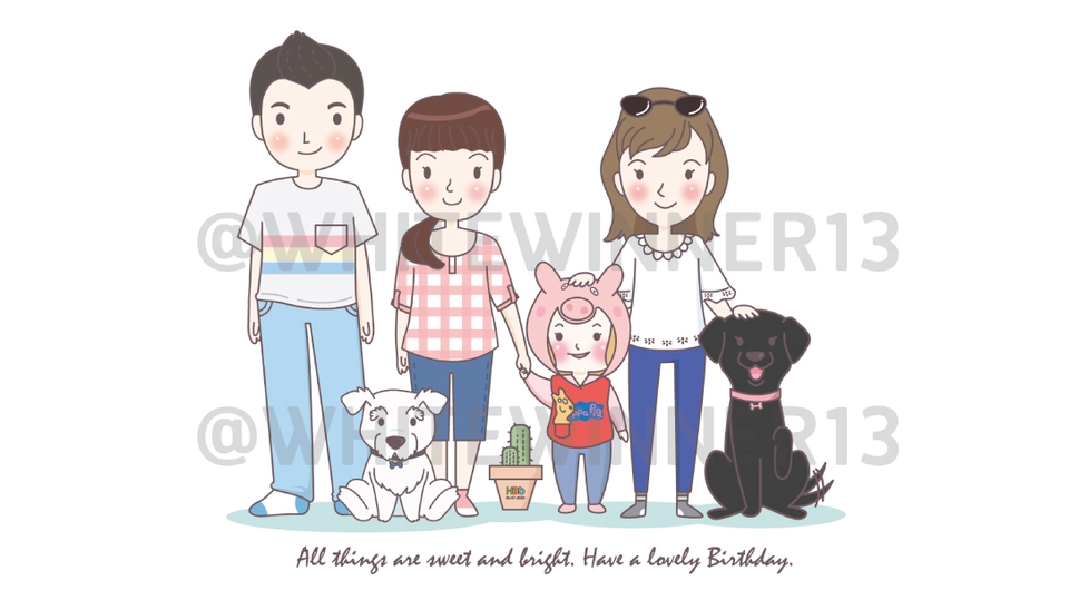 ออกแบบตัวการ์ตูนครอบครัวน่ารักสไตล์ญี่ปุ่นพร้อมสัตว์เลี้ยง คาแรคเตอร์น่ารัก ออกแบบตัวละคร