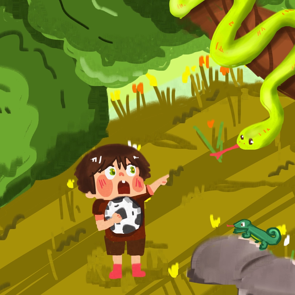 Ilustrasi kartun anak laki laki memegang bola di hutan dengan ular dan kadal