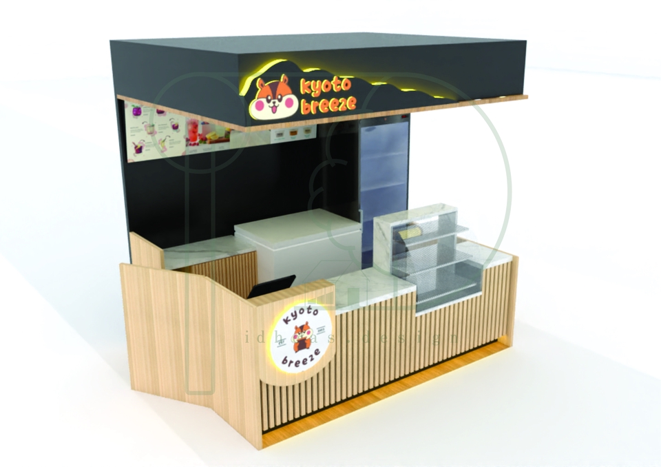 Desain booth cafe minimalis dengan logo kyoto breeze untuk stand pameran