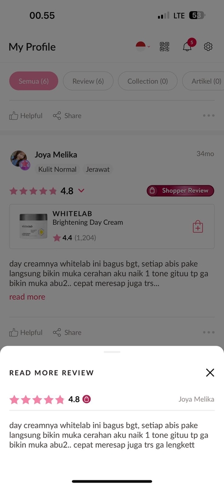 Jasa review produk whitening cream Whitelab dari pembeli dengan rating 4.8 bintang di platform jual beli online