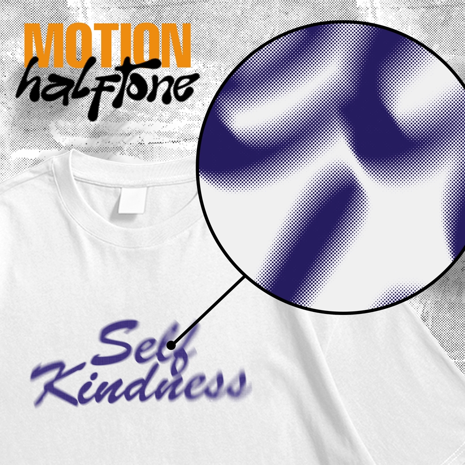 Desain kaos polos dengan teks Self Kindness menggunakan teknik motion halftone, desain kaos distro custom, desain kaos keren, desain kaos pria, desain kaos wanita.