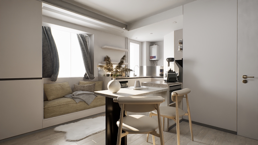 Jasa pembuatan video animasi 3d untuk desain interior dapur modern dengan jendela dan sofa.