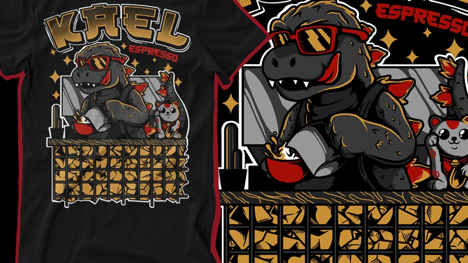 Desain kaos custom dengan motif monster dan kopi espresso, desain kaos pria keren, desain kaos distro