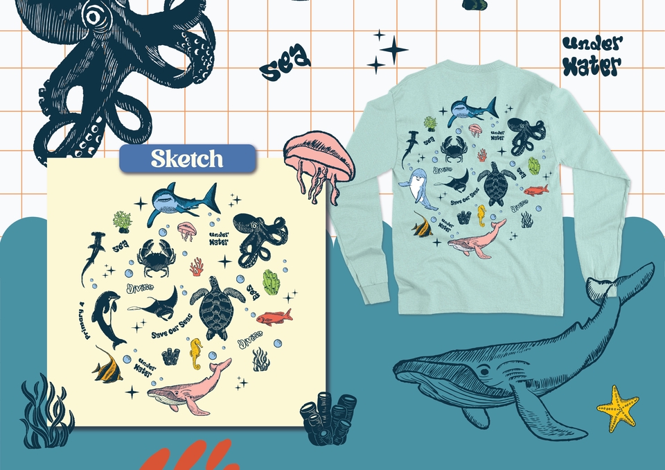 Ilustrasi kartun hewan laut dengan berbagai macam jenis seperti hiu, ikan, gurita, penyu, dan lainnya dengan warna yang menarik dan detail yang cantik. Gambar ini cocok untuk keperluan desain, promosi, dan edukasi.