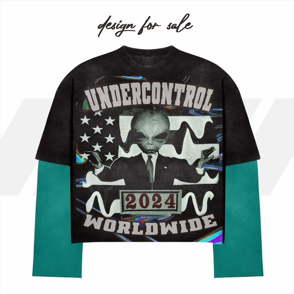 Desain kaos pria keren dengan motif alien, tulisan under control, dan tahun 2024, cocok untuk desain kaos distro atau custom.
